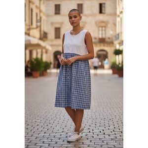 Carolina Bay Plus Dress Womens 20 Blue White Plaid Cotton Midi Sleeveless Summer